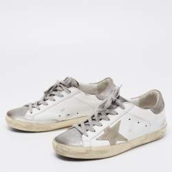 Pre Owned Golden Goose White/Silver Leather and Glitter Super Star Low-Top Sneakers Size 36