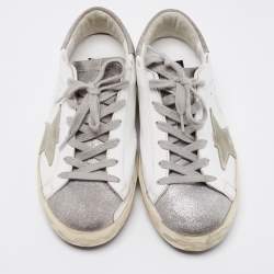 Pre Owned Golden Goose White/Silver Leather and Glitter Super Star Low-Top Sneakers Size 36