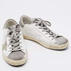 Pre Owned Golden Goose White/Silver Leather and Glitter Super Star Low-Top Sneakers Size 36