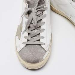 Pre Owned Golden Goose White/Silver Leather and Glitter Super Star Low-Top Sneakers Size 36
