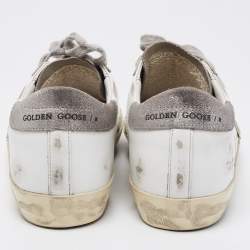 Pre Owned Golden Goose White/Silver Leather and Glitter Super Star Low-Top Sneakers Size 36