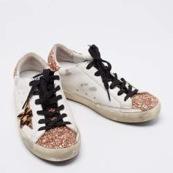 Pre Owned Golden Goose White/Rose Gold Leather and Glitter Super Star Low-Top Sneakers Size 36