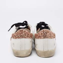 Pre Owned Golden Goose White/Rose Gold Leather and Glitter Super Star Low-Top Sneakers Size 36