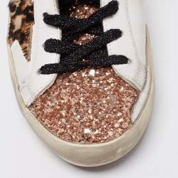 Pre Owned Golden Goose White/Rose Gold Leather and Glitter Super Star Low-Top Sneakers Size 36