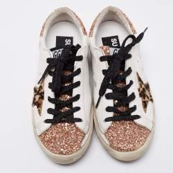 Pre Owned Golden Goose White/Rose Gold Leather and Glitter Super Star Low-Top Sneakers Size 36