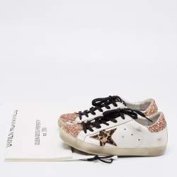 Pre Owned Golden Goose White/Rose Gold Leather and Glitter Super Star Low-Top Sneakers Size 36