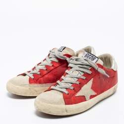 Golden Goose Red/Grey Suede And Leather Superstar Low Top Sneakers Size 38