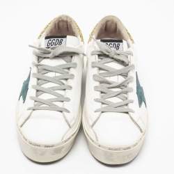 Pre Owned Golden Goose White/Yellow Leather and Glitter Hi Star Low-Top Sneakers Size 38