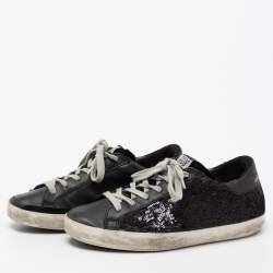 Pre Owned Golden Goose Black Sequins And Leather Superstar Sneakers Size 35