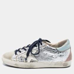 Golden Goose Silver Snake-Embossed  And Leather Super Star Low-Top Sneakers Size 37