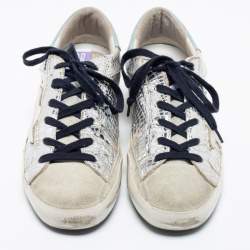 Golden Goose Silver Snake-Embossed  And Leather Super Star Low-Top Sneakers Size 37