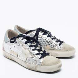 Golden Goose Silver Snake-Embossed  And Leather Super Star Low-Top Sneakers Size 37