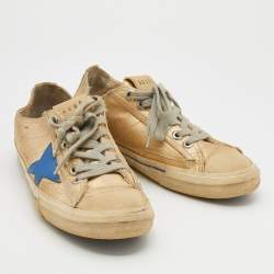 Golden Goose Metallic Gold/Blue Canvas And Leather V-Star Low Top Sneakers Size 38