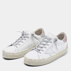 Pre Owned Golden Goose White/Pink Leather and Glitter Star Low-Top Sneakers Size 38