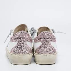 Pre Owned Golden Goose White/Pink Leather and Glitter Star Low-Top Sneakers Size 38