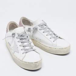 Pre Owned Golden Goose White/Pink Leather and Glitter Star Low-Top Sneakers Size 38