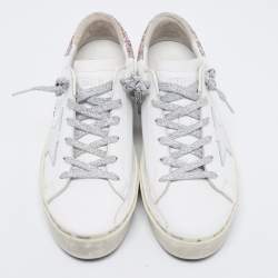 Pre Owned Golden Goose White/Pink Leather and Glitter Star Low-Top Sneakers Size 38