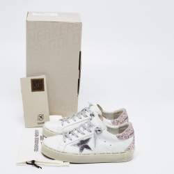 Pre Owned Golden Goose White/Pink Leather and Glitter Star Low-Top Sneakers Size 38