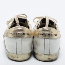 Pre Owned Golden Goose White/Gold Leather Superstar Low Top Sneakers Size 38