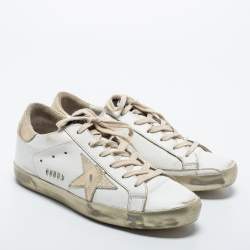 Pre Owned Golden Goose White/Gold Leather Superstar Low Top Sneakers Size 38