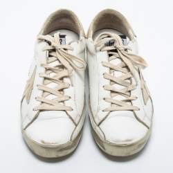 Pre Owned Golden Goose White/Gold Leather Superstar Low Top Sneakers Size 38