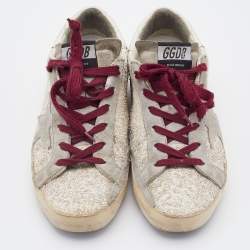 Pre Owned Golden Goose Off-White/Grey Glitter and Suede Superstar Low Top Sneakers Size 38