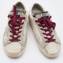 Pre Owned Golden Goose Off-White/Grey Glitter and Suede Superstar Low Top Sneakers Size 38