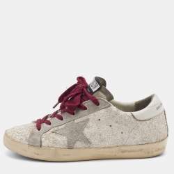 Pre Owned Golden Goose Off-White/Grey Glitter and Suede Superstar Low Top Sneakers Size 38
