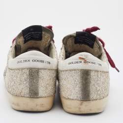 Pre Owned Golden Goose Off-White/Grey Glitter and Suede Superstar Low Top Sneakers Size 38