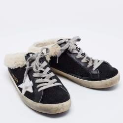 Pre Owned Golden Goose Black Leather and Shearling Super Star Sneakers Size 37