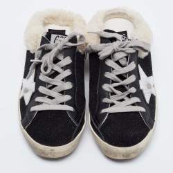 Pre Owned Golden Goose Black Leather and Shearling Super Star Sneakers Size 37