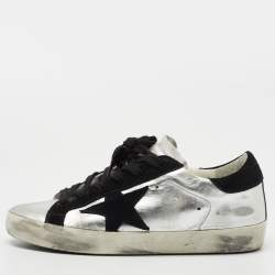 Golden Goose Silver/Black Leather and Suede Hi Star Sneakers Size 35