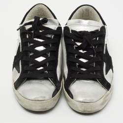 Pre Owned Golden Goose Silver/Black Leather and Suede Hi Star Sneakers Size 35