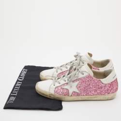Pre Owned Golden Goose White/Pink Leather and Glitter Super Star Applique Sneakers Size 38