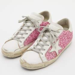Pre Owned Golden Goose White/Pink Leather and Glitter Super Star Applique Sneakers Size 38