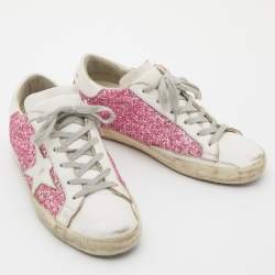 Pre Owned Golden Goose White/Pink Leather and Glitter Super Star Applique Sneakers Size 38