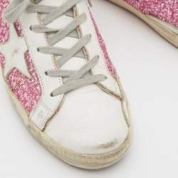 Pre Owned Golden Goose White/Pink Leather and Glitter Super Star Applique Sneakers Size 38