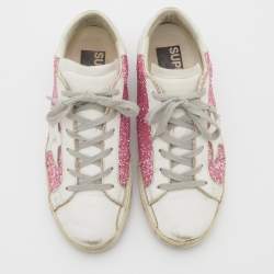 Pre Owned Golden Goose White/Pink Leather and Glitter Super Star Applique Sneakers Size 38