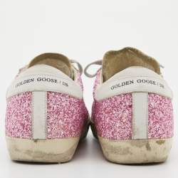 Pre Owned Golden Goose White/Pink Leather and Glitter Super Star Applique Sneakers Size 38
