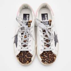 Golden Goose White/Pink Leather and Leopard Print Calf Hair Hi Star Sneakers Size 37