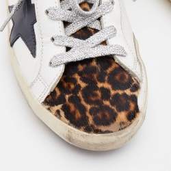 Golden Goose White/Pink Leather and Leopard Print Calf Hair Hi Star Sneakers Size 37