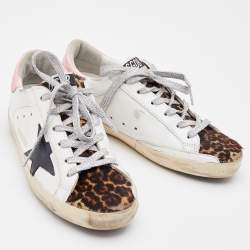 Golden Goose White/Pink Leather and Leopard Print Calf Hair Hi Star Sneakers Size 37