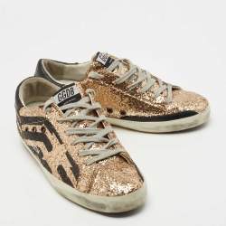 Pre Owned Golden Goose Metallic Gold Glitter and Leather Superstar Sneakers Size 40