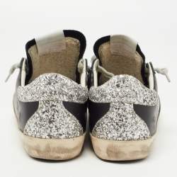 Pre Owned Golden Goose Black/Silver Leather and Glitter Super Star Sneakers Size 36