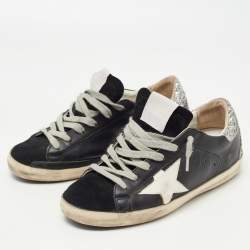 Pre Owned Golden Goose Black/Silver Leather and Glitter Super Star Sneakers Size 36