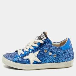Pre Owned Golden Goose Blue Glitter and Leather Superstar Low Top Sneakers Size 36