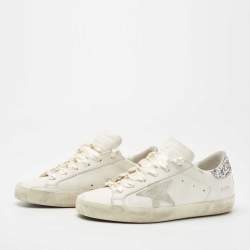 Pre Owned Golden Goose White Leather and Glitter Detail Super Star Low Top Sneakers Size 39