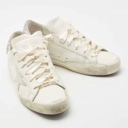 Pre Owned Golden Goose White Leather and Glitter Detail Super Star Low Top Sneakers Size 39