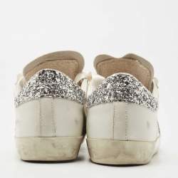Pre Owned Golden Goose White Leather and Glitter Detail Super Star Low Top Sneakers Size 39