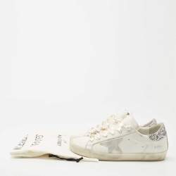 Pre Owned Golden Goose White Leather and Glitter Detail Super Star Low Top Sneakers Size 39